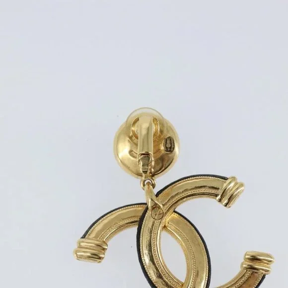 CHANEL COCO Mark Camelia Earring Metal Leather Gold CC Auth am9409 - Picture 12 of 16